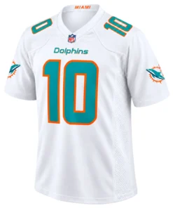 Jacob Rodriguez White Miami Dolphins Jersey front with aqua number 10 and orange trim