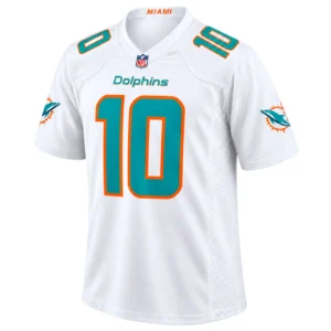 Jacob Rodriguez White Miami Dolphins Jersey front with aqua number 10 and orange trim
