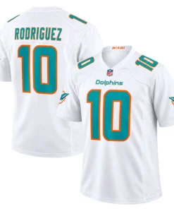 Miami Dolphins white jersey front and back featuring Jacob Rodriguez number 10
