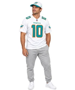 Model wearing Rodriguez #10 jersey in white with aqua and orange Dolphins details