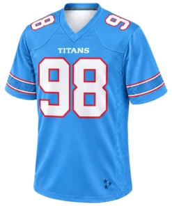 Front view of Jeffery Simmons Tennessee Titans blue home football jersey with white number 98, red outlines and striped sleeves