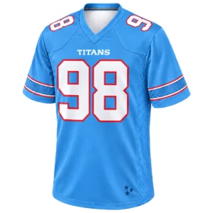 Front view of Jeffery Simmons Tennessee Titans blue home football jersey with white number 98, red outlines and striped sleeves