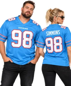 Man and woman wearing matching Jeffery Simmons Titans blue jerseys, showing front number 98 and SIMMONS back lettering