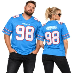 Man and woman wearing matching Jeffery Simmons Titans blue jerseys, showing front number 98 and SIMMONS back lettering