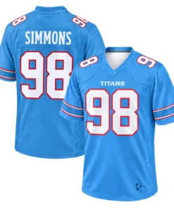 Jeffery Simmons Titans Home Jersey 2026 front and back views with TITANS chest lettering, SIMMONS name and white number 98