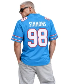 Male model in sunglasses wearing a blue Jeffery Simmons Titans jersey with SIMMONS name and number 98 on the back