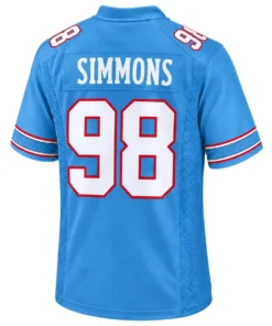 Back view of Jeffery Simmons Titans blue jersey featuring SIMMONS lettering and large white number 98 outlined in red