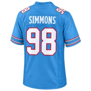Back view of Jeffery Simmons Titans blue jersey featuring SIMMONS lettering and large white number 98 outlined in red
