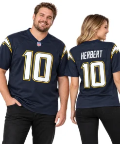 Adult pair wearing matching Justin Herbert navy football jerseys showing front and back