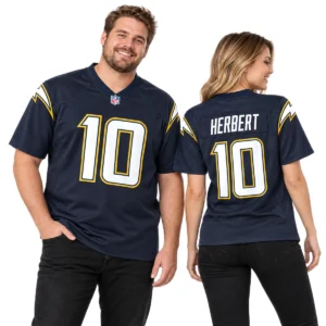 Adult pair wearing matching Justin Herbert navy football jerseys showing front and back