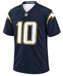 Justin Herbert Navy Jersey front with white number 10 and gold lightning details