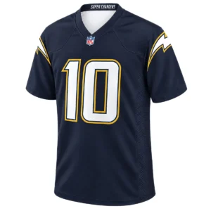 Justin Herbert Navy Jersey front with white number 10 and gold lightning details