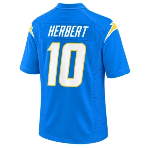 Justin Herbert Chargers Jersey back with HERBERT name and white number 10