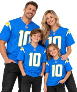 Family wearing matching powder blue Chargers football jerseys with number 10 styling