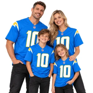 Family wearing matching powder blue Chargers football jerseys with number 10 styling