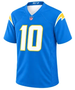 Justin Herbert Powder Blue Jersey front with white number 10 and gold bolt details