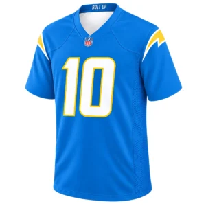 Justin Herbert Powder Blue Jersey front with white number 10 and gold bolt details
