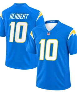 Los Angeles Chargers Jersey front and back featuring Herbert number 10 in powder blue
