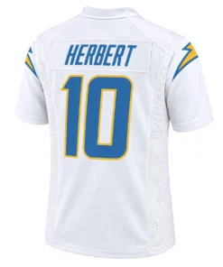 Justin Herbert White Football Jersey back with HERBERT name and blue number 10