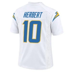 Justin Herbert White Football Jersey back with HERBERT name and blue number 10