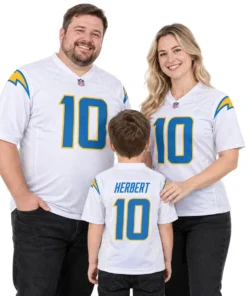 Family wearing matching white Los Angeles Chargers football jerseys