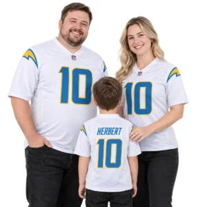 Family wearing matching white Los Angeles Chargers football jerseys