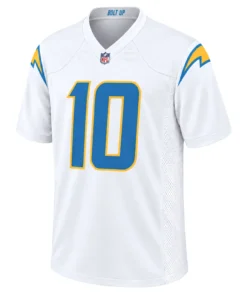 Justin Herbert White Jersey front with blue number 10 and gold lightning details