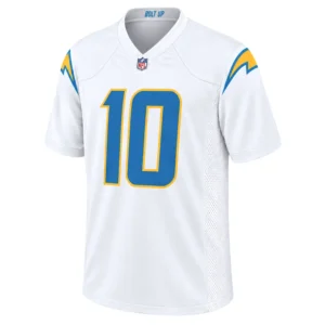 Justin Herbert White Jersey front with blue number 10 and gold lightning details