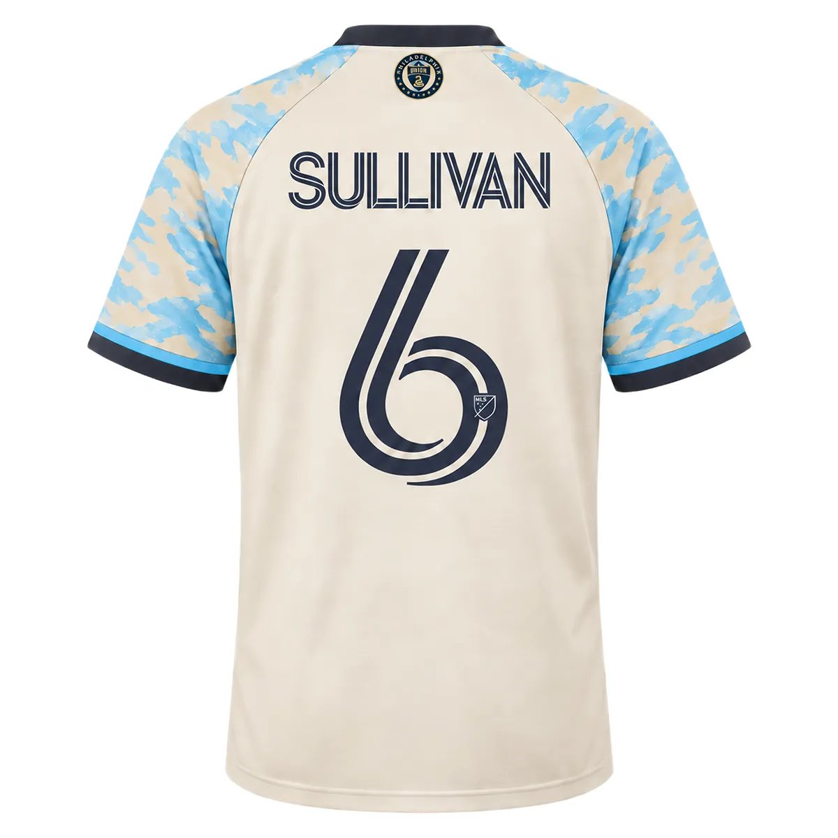 Cavan Sullivan cream away jersey back showing SULLIVAN lettering, navy No. 6 and Philadelphia Union crest