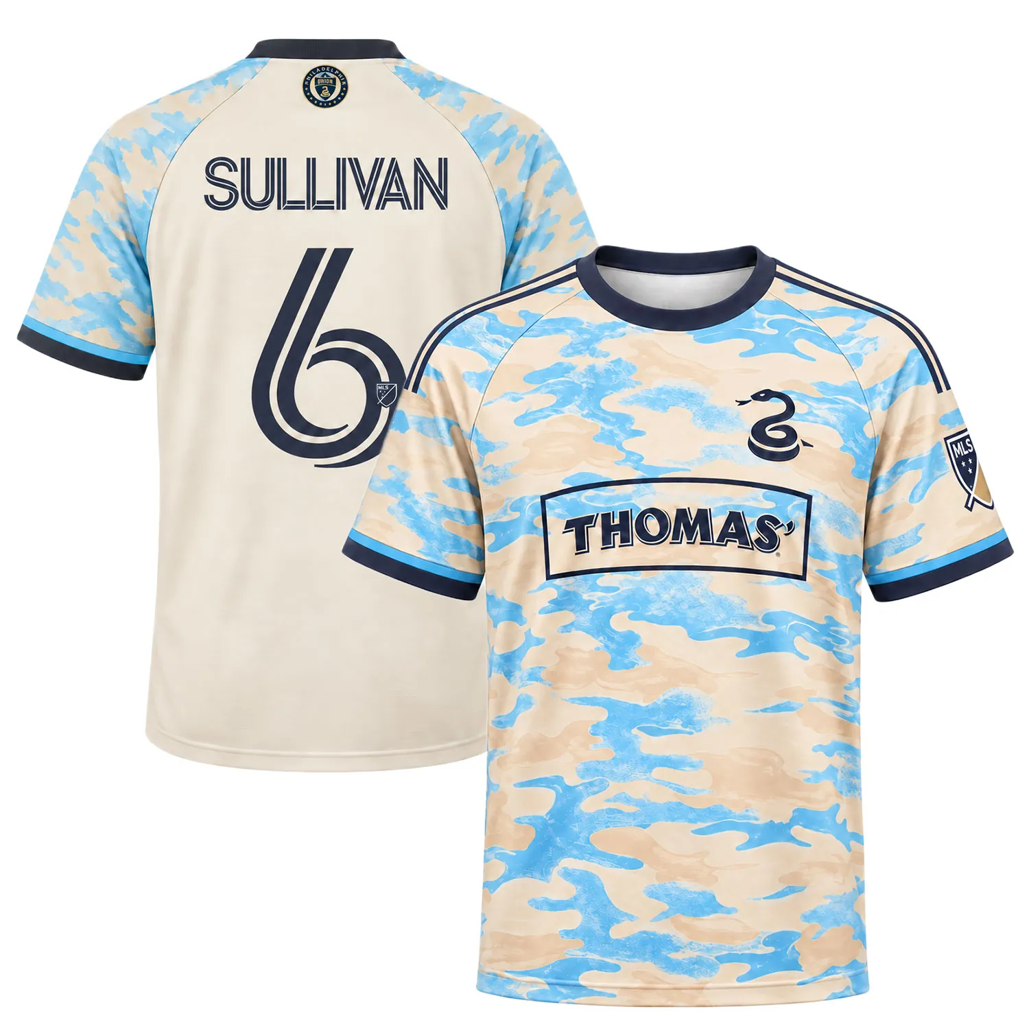 Front and back views of cream and sky-blue Cavan Sullivan soccer jersey with navy number 6