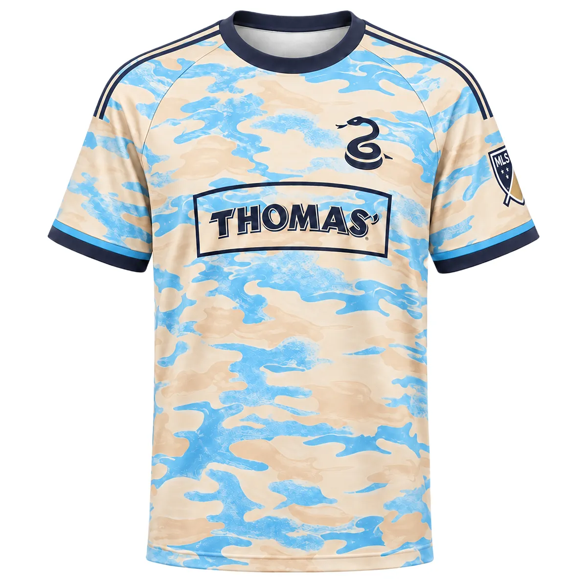 Kid's Cavan Sullivan Cream Away Jersey front with sky-blue camouflage, THOMAS' wordmark and navy snake emblem