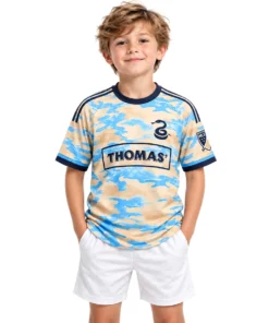 Young model wearing Cavan Sullivan cream Philadelphia Union away jersey with blue camouflage graphics