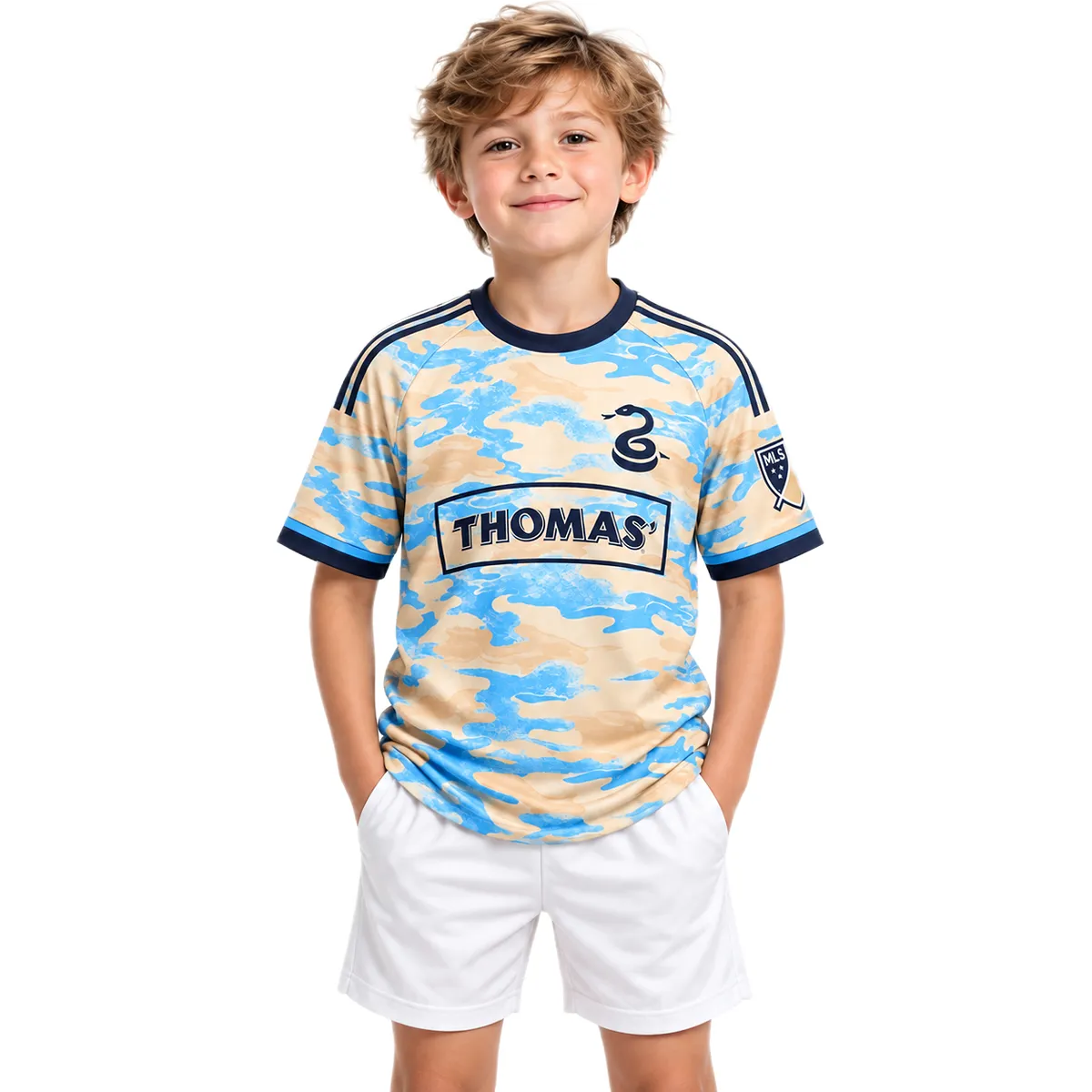 Young model wearing Cavan Sullivan cream Philadelphia Union away jersey with blue camouflage graphics