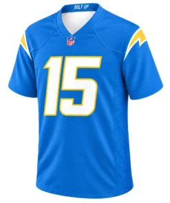 Ladd McConkey Powder Blue Jersey front with white number 15 and gold bolt details