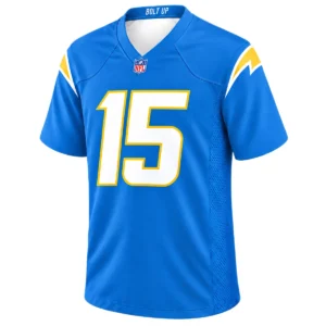 Ladd McConkey Powder Blue Jersey front with white number 15 and gold bolt details