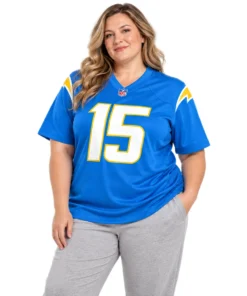 Woman wearing a powder blue McConkey number 15 Chargers home jersey