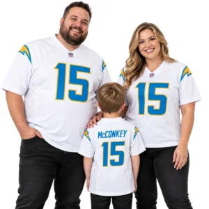Family wearing matching white Ladd McConkey number 15 football jerseys