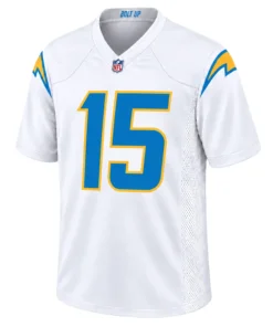 Ladd McConkey White Jersey front with blue number 15 and gold lightning details