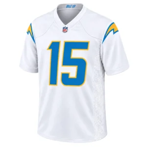 Ladd McConkey White Jersey front with blue number 15 and gold lightning details