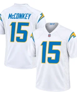 Ladd McConkey Los Angeles Chargers Jersey front and back in white with number 15