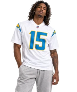 Model wearing a Los Angeles Chargers White Jersey with McConkey number 15