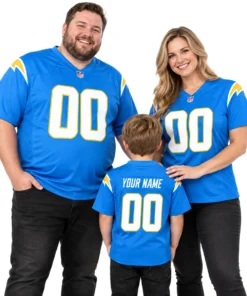 Family wearing matching personalized blue Chargers football jerseys