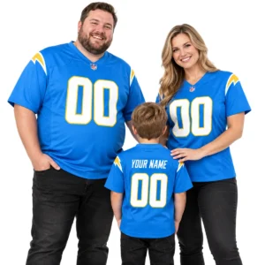 Family wearing matching personalized blue Chargers football jerseys