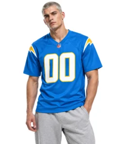 Model wearing a Los Angeles Chargers Home Jersey in blue with white and gold details