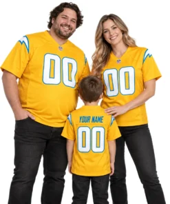 Family wearing matching personalized gold Chargers football jerseys