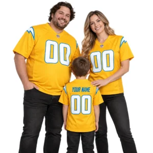 Family wearing matching personalized gold Chargers football jerseys