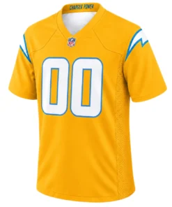 Los Angeles Chargers Gold Jersey front with white 00 and blue lightning details