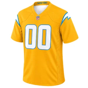 Los Angeles Chargers Gold Jersey front with white 00 and blue lightning details