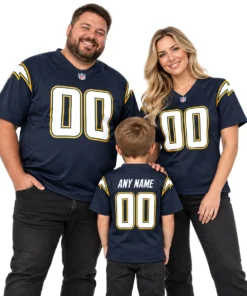 Family wearing matching Personalized Name and Number Jersey styles in navy