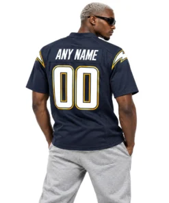Model wearing a navy Chargers Alternate Jersey with white and gold lightning details